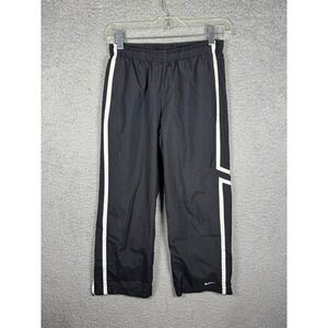 Y2K Nike Kids Track Pants Black White Side Stripe Jersey Lined Ankle Zip M 10-12